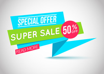 Super Sale paper banner. Super Sale and special offer.
