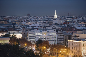Panoramic aerial view of Madrid, Spain at night.