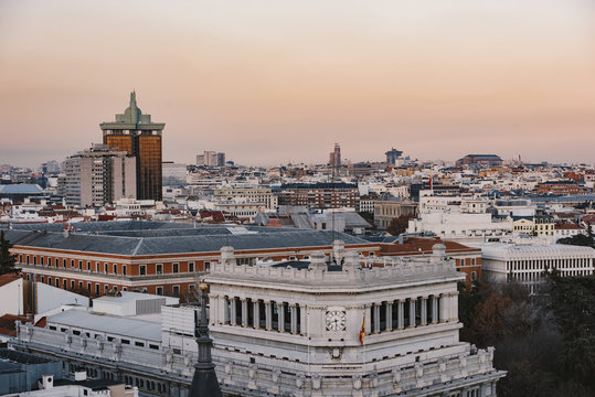 Panoramic aerial view of Madrid, Spain at sunset.