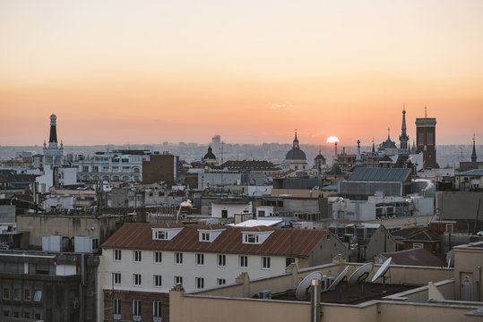 Panoramic aerial view of Madrid, Spain at sunset.