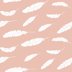 Seamless graphic pattern with falling feathers on a coral background.