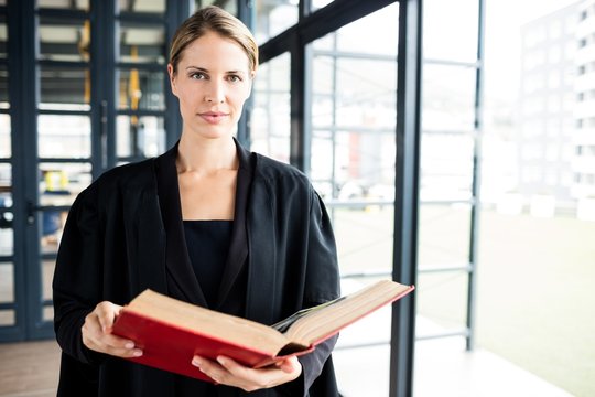 Female lawyer reading a book attentively