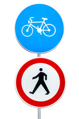 Road sign for a bicycle lane and no people isolated on white
