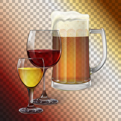 Cocktail glass, wine glass, mug with beer