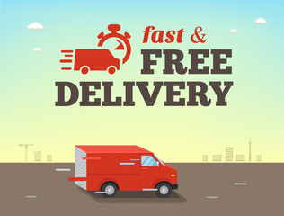 Illustration of  fast shipping concept. Truck van of delivery rides at high speed