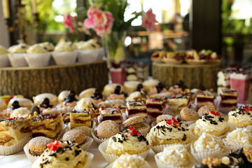 Selection of decorative desserts on a buffet table at a catered luxury event or celebration