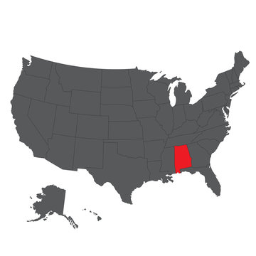 Alabama red map on gray USA map vector