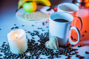 still life of mugs of coffee in evening blue tones