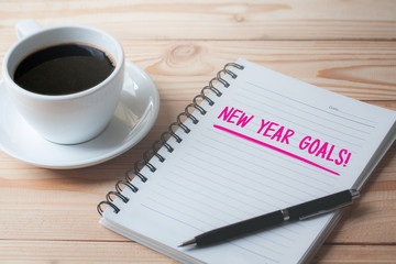 closeup of a notebook with text written in it and a cup of coffee on a wood table