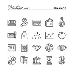 Finance, money, banking, business and more, thin line icons set - 100593544