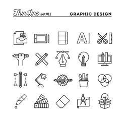 Graphic design, creative package, stationary, software and more, thin line icons set