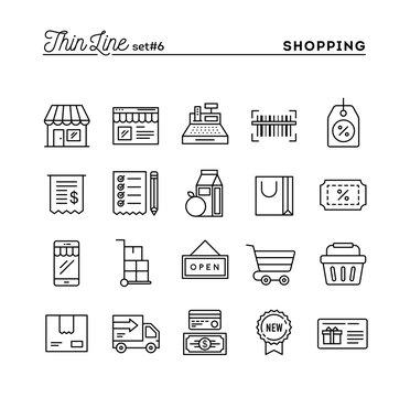Shopping, retail, delivery, gift card, discount and more, thin line icons set