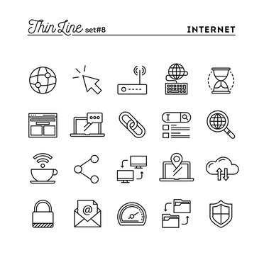 Internet, global network, cloud computing, free WiFi and more, thin line icons set