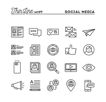 Social media, communication, personal profile, online posting and more, thin line icons set