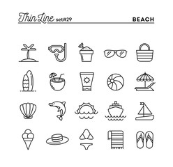 Tropical beach, summer, vacation, cruising and more, thin line icons set