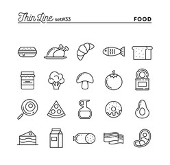 Food, meat, vegetables and more, thin line icons set - 100593741