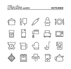 Kitchen utensils, food preparation and more, thin line icons set