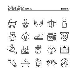 Baby, pregnancy, birth, toys and more, thin line icons set - 100593769