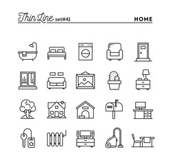 Home, interior, furniture and more, thin line icons set