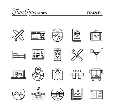 Travel, flight, accommodation, destination booking and more, thin line icons set