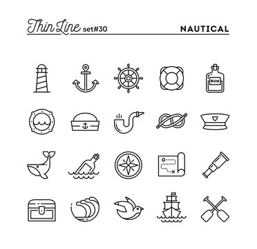 Nautical, sailing, sea animals, marine and more, thin line icons set