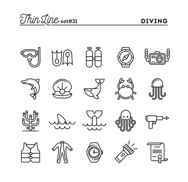 Scuba diving, underwater animals, equipment, certificate and more, thin line icons set