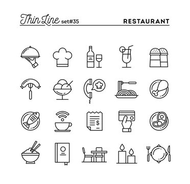 Restaurant, phone ordering, meal, receipt and more, thin line icons set