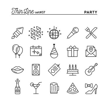 Party, celebration, fireworks, confetti and more, thin line icons set