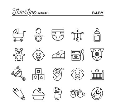 Baby, pregnancy, birth, toys and more, thin line icons set