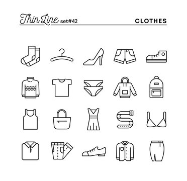 Clothing, thin line icons set