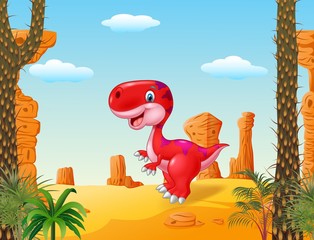Cartoon happy dinosaur with desert background © tigatelu