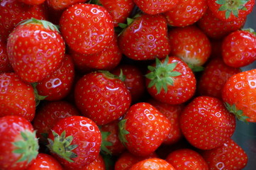 Juicy red strawberries in bulk at the farmers market