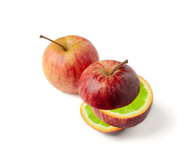 Apple orange inside GMO concept genetically modified fruit