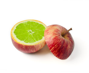 Apple orange inside GMO concept genetically modified fruit