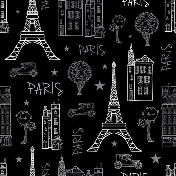 Vector Black White Paris Streets Travel Seamless Pattern with Eifel Tower, houses, trees and vintage cars.