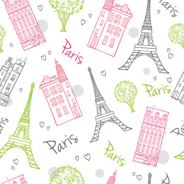 Vector Travel Romantic Paris Streets Seamless Pattern with Eifel Tower, houses, trees and hearts.
