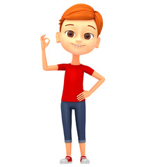 Boy isolated on white background showing okay. 3d rendered illus
