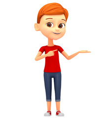 Boy isolated on white background finger points to an empty space