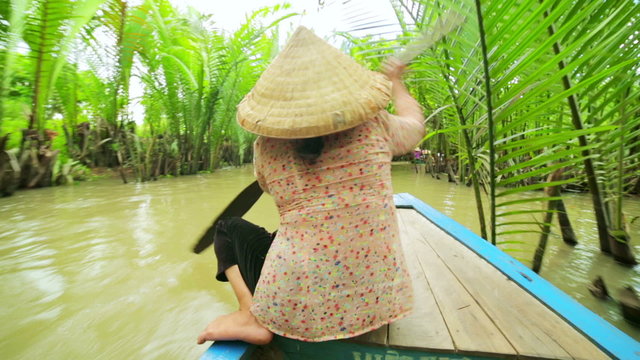 Rower Paddle Canoe at Majestic Gorgeous Mekong River, Vietnam