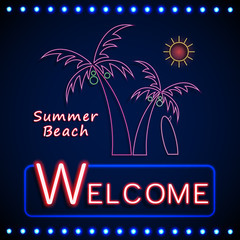 Obraz premium Neon shining beach party with palm tree and sun
