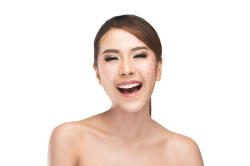 Face lift anti-aging treatment - Asian woman portrait with graphic lines showing facial lifting effect on skin. isolated on white with clipping path