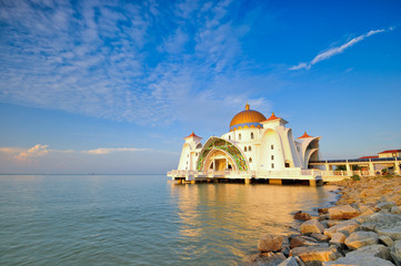 Stunning sunset/blue hour view at Malacca Straits Mosque. Image taken at Malacca, Malaysia.
