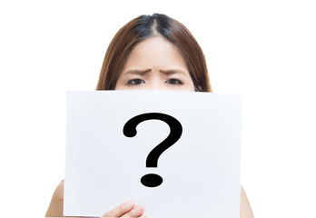 stressed woman with question mark isolated on white