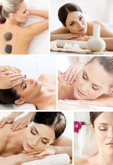 Obraz na płótnie Canvas Massaging collage. Beautiful women having different types of massage over isolated background.