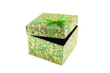 Open green - metallic gift box with ribbon bow. Holiday present. Object isolated on white background.