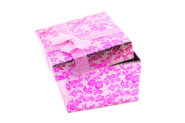 Open pink - metallic-silver gift box with ribbon bow. Holiday present. Object isolated on white background.