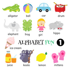 Letters A to M with examples isolated in white