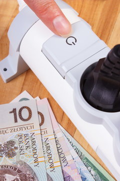 Electrical power strip with connected plug and polish currency money, energy costs