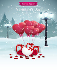 Beautiful Valentines day card width street lights heart shape balloons and presents, winter background.
