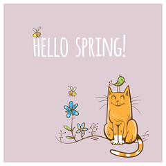 Vector spring card with cute cartoon cat,  bird and bees.